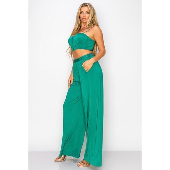WOMEN’S Green High Waist Trouser And Crop Top Bustier Outfit Set - Picture 4 of 10